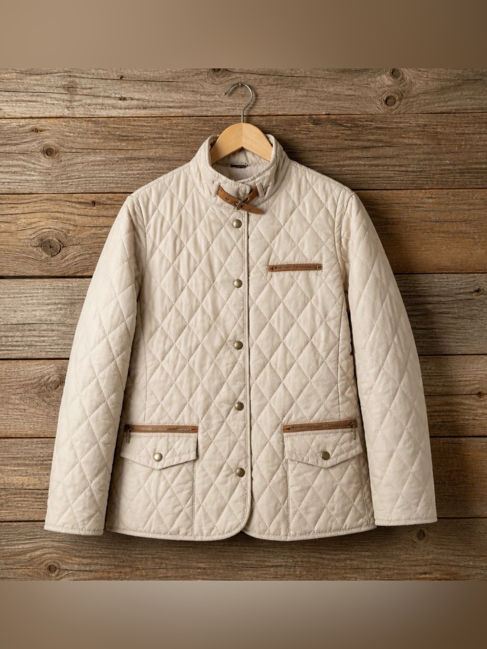 Brooks Brothers Quilted Cream Jacket with Brown Trim Accents